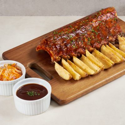 Tender Pork Ribs with Peach Barbecue Sauce and Cajun Potato Wedges